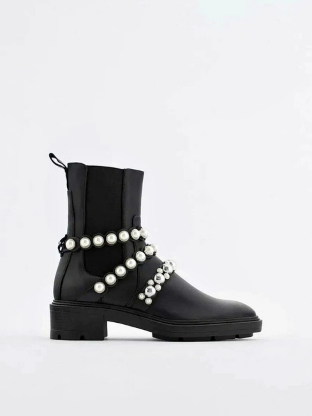 Zara Pearl Studded Embellished Combat Boots in Black 740